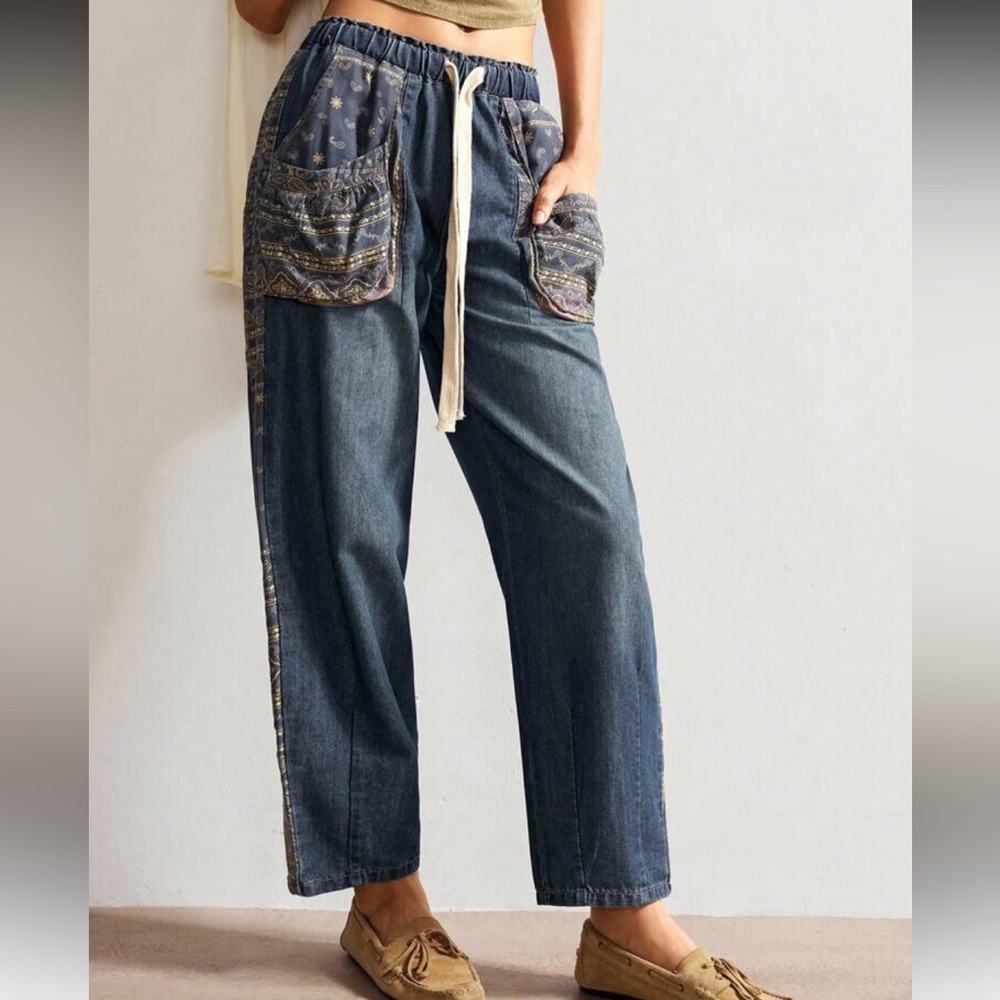 Denim Jogger Pants with Patterned Pockets paisley blue patchwork